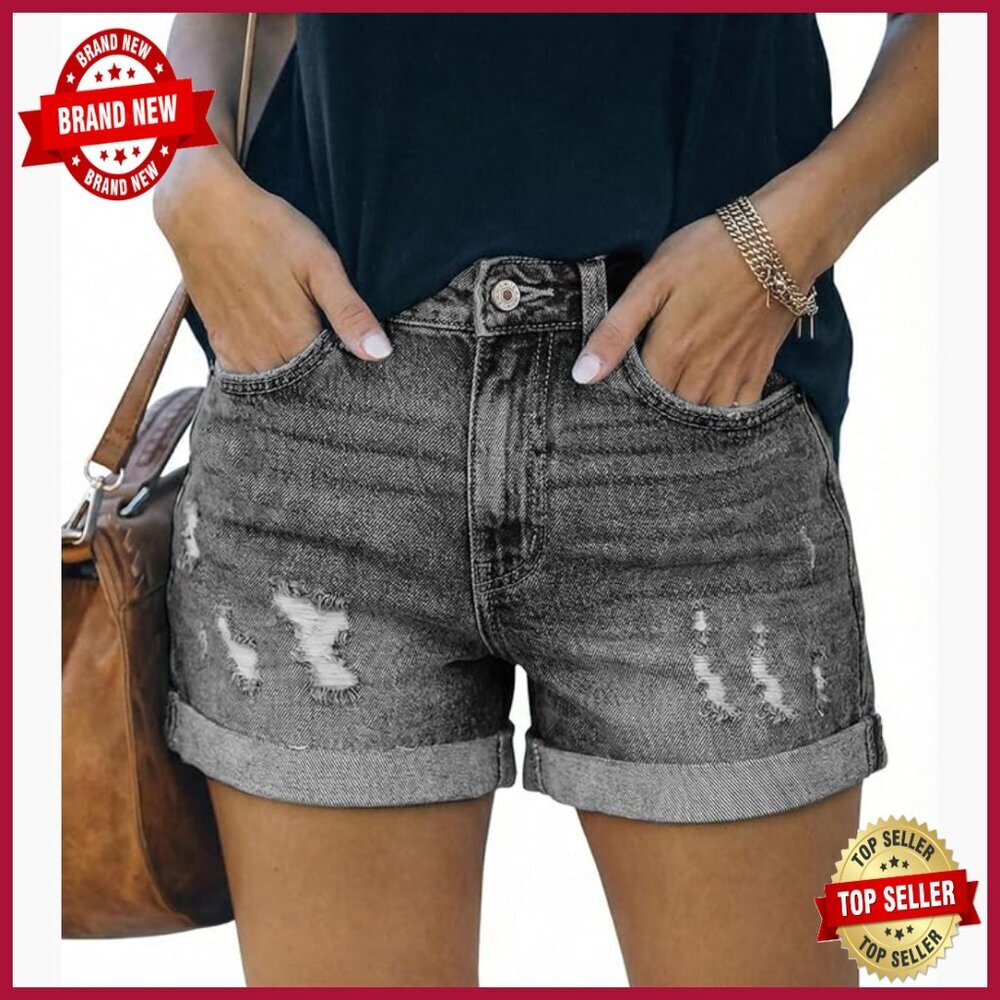 Ripped Mid Rise Stretchy Denim Shorts Casual Distressed Jean Shorts